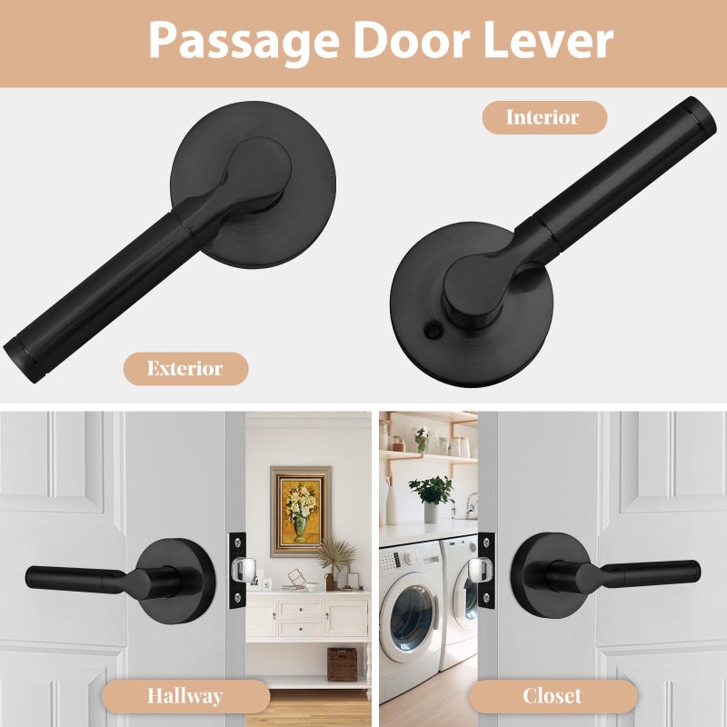 ANNFUZ Round Passage Free Rotation Non-Locking Door Handle Lock Without Key,Heavy Duty Interior Keyless Lever for Hallway/Closet,Reversible Left/Right Knob,Only Latching Required (Matte Black) - Image 3
